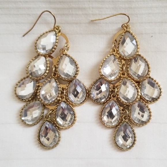 Jewelry - Gold Tone Tear Drop Rhinestone Chandelier Earrings
